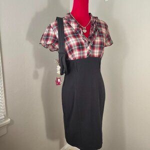 Y2K 2000s Black Red Plaid Ruffled Bust Alternative Goth Work Dress Size 13